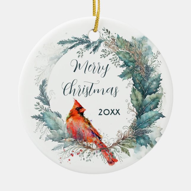 Cardinal Dated Holly Greenery Wreath Frame Ceramic Tree Decoration (Front)
