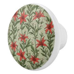 Cardinal flowers and leaves pattern ceramic knob
