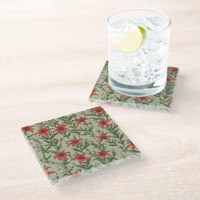 Cardinal flowers and leaves pattern glass coaster (Angled)