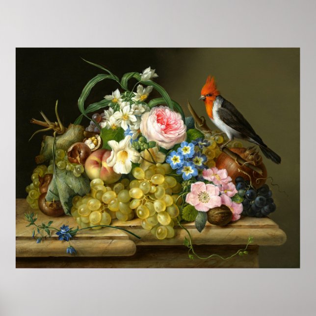 Cardinal, Fruit, and Flowers Still Life Poster (Front)