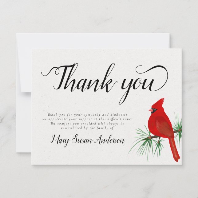 Cardinal Funeral Memorial Thank You Note Card (Front)