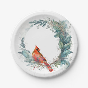 Cardinal Green Gold Holly Greenery Wreath Frame Paper Plate