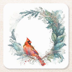 Cardinal Green Gold Holly Greenery Wreath Frame Square Paper Coaster