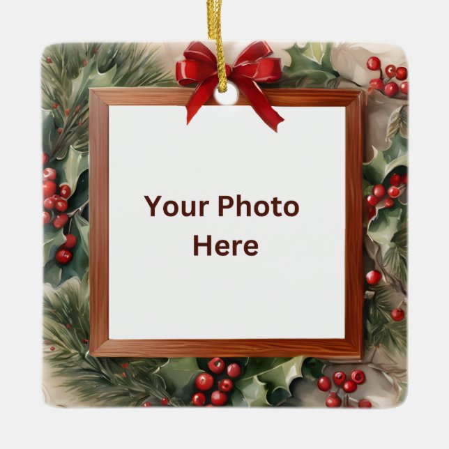 Cardinal, Holly and Fir Photo Frame Christmas Ceramic Ornament (Front)