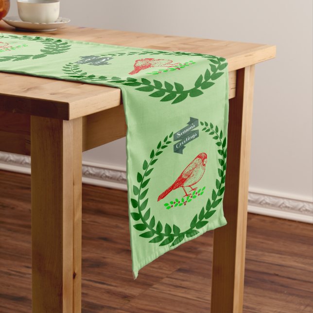 Cardinal Holly Wreath Seasons Greetings Flow Long Table Runner (In Situ)