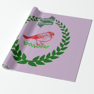 Cardinal Holly Wreath Seasons Lilac Wrapping Paper