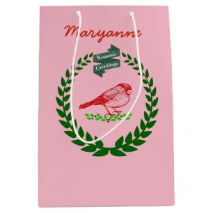 Cardinal Holly Wreath Seasons Pink Joy Medium Gift Bag
