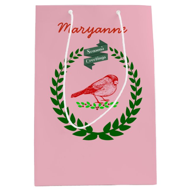 Cardinal Holly Wreath Seasons Pink Joy Medium Gift Bag (Front)