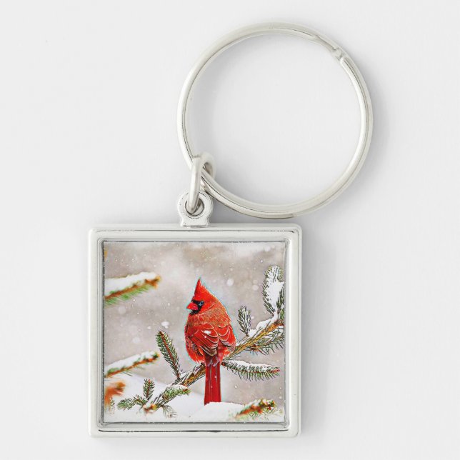 Cardinal in a pine tree in winter key ring (Front)
