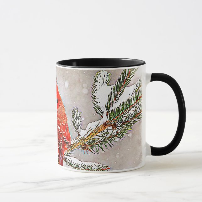 Cardinal in a pine tree in winter mug (Right)