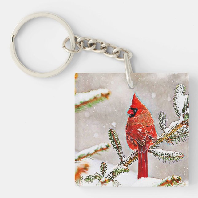 Cardinal in a pine tree key ring (Front)
