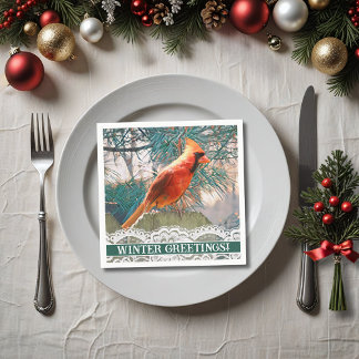 Cardinal in Front of Pine Tree Winter Napkin