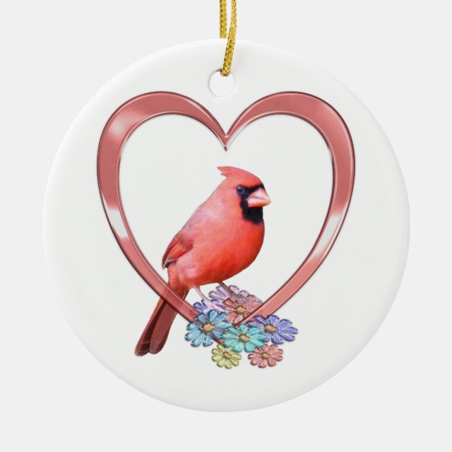 Cardinal in Heart Ceramic Tree Decoration (Front)