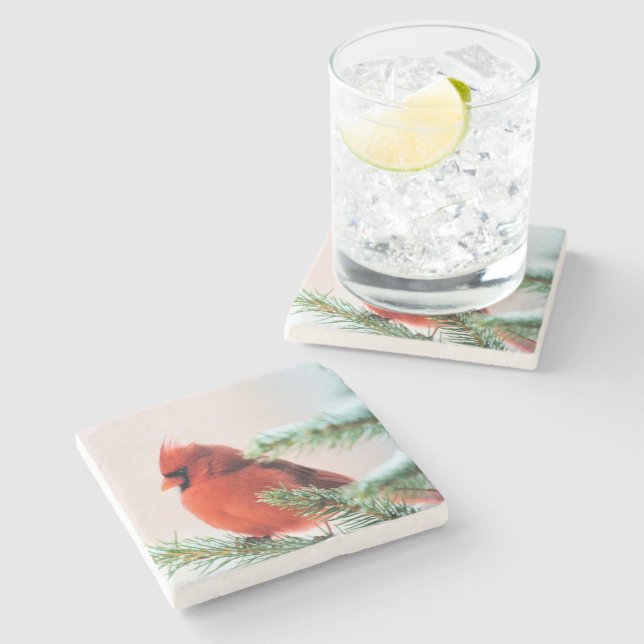 Cardinal in Snow Dusted Fir Tree Stone Coaster (Side)