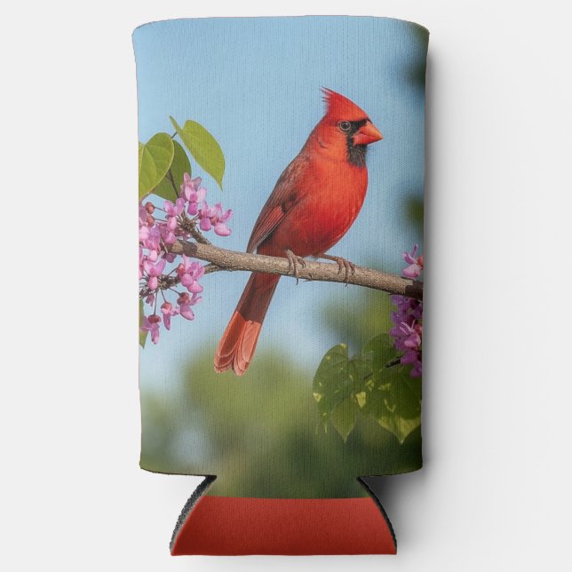 Cardinal on a Redbud Branch Seltzer Can Cooler (Front)