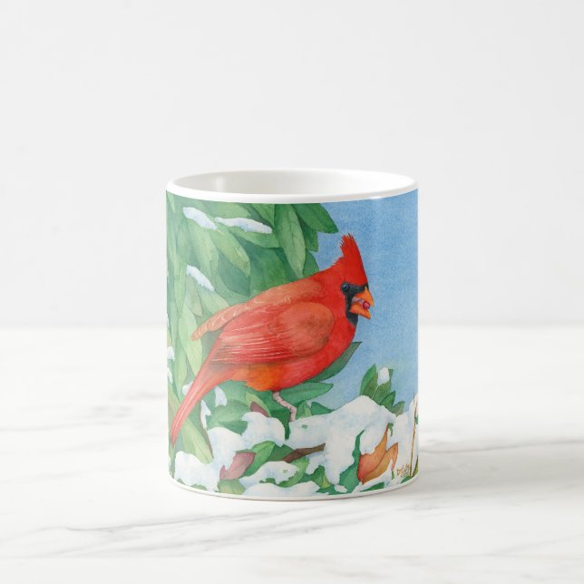 Cardinal on a snowy bush coffee mug (Center)