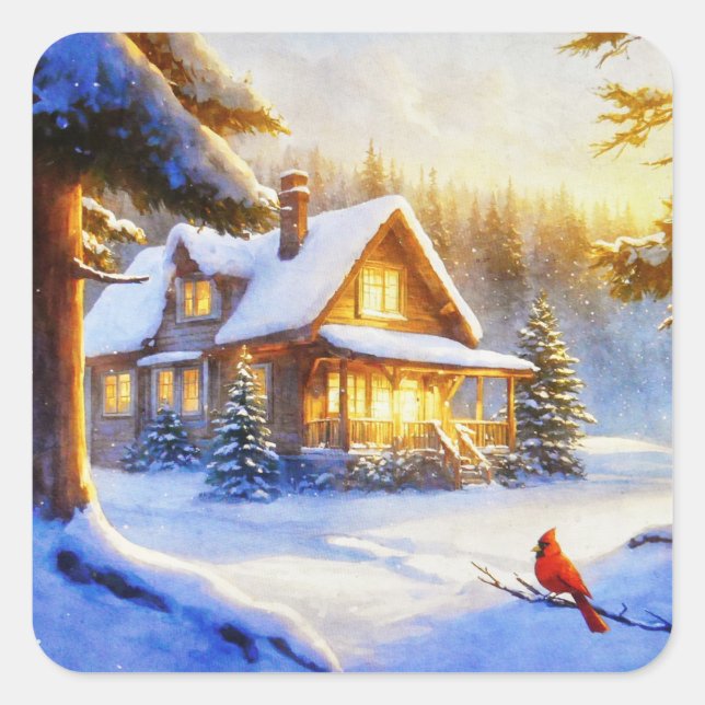 Cardinal on a Snowy Day Square Sticker (Front)