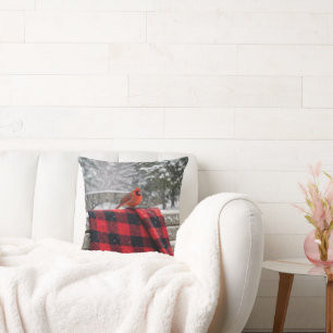 Cardinal On a Snowy Plaid Blanket Cushion