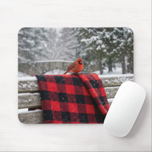 Cardinal On a Snowy Plaid Blanket Mouse Pad