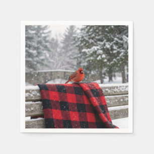 Cardinal On a Snowy Plaid Blanket Napkin