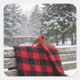 Cardinal On a Snowy Plaid Blanket Square Sticker