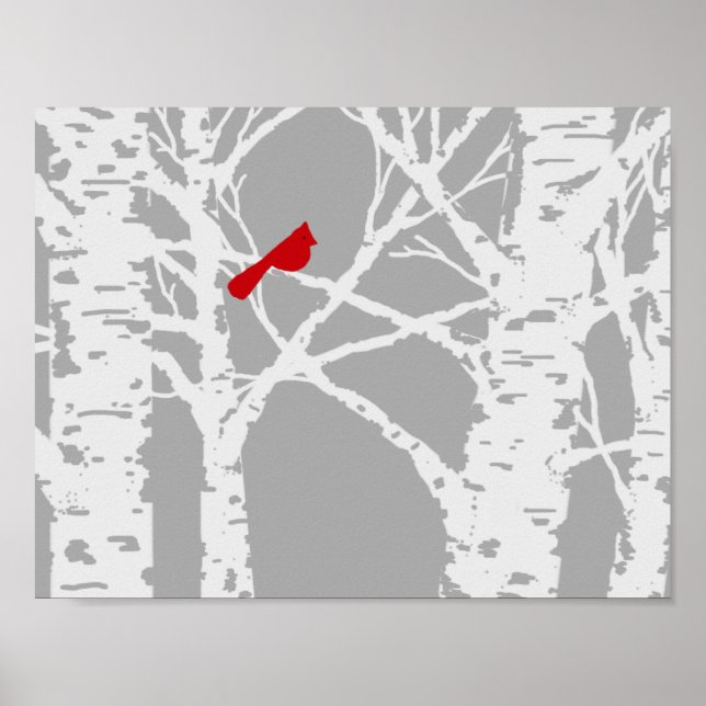 Cardinal on birch tree branch. Poster. Poster (Front)