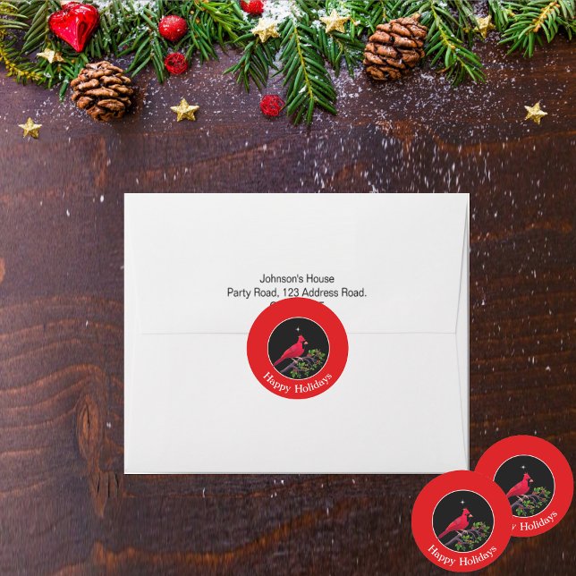 Cardinal on Black and Red Holiday Classic Round Sticker (Creator Uploaded)