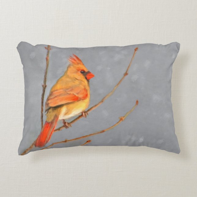 Cardinal on Branch Painting - Original Bird Art Decorative Cushion (Front)