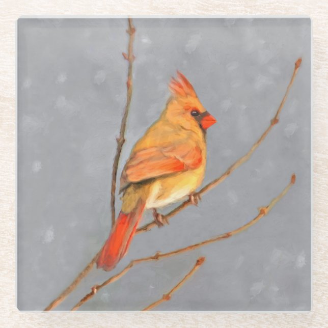 Cardinal on Branch Painting - Original Bird Art Glass Coaster (Front)