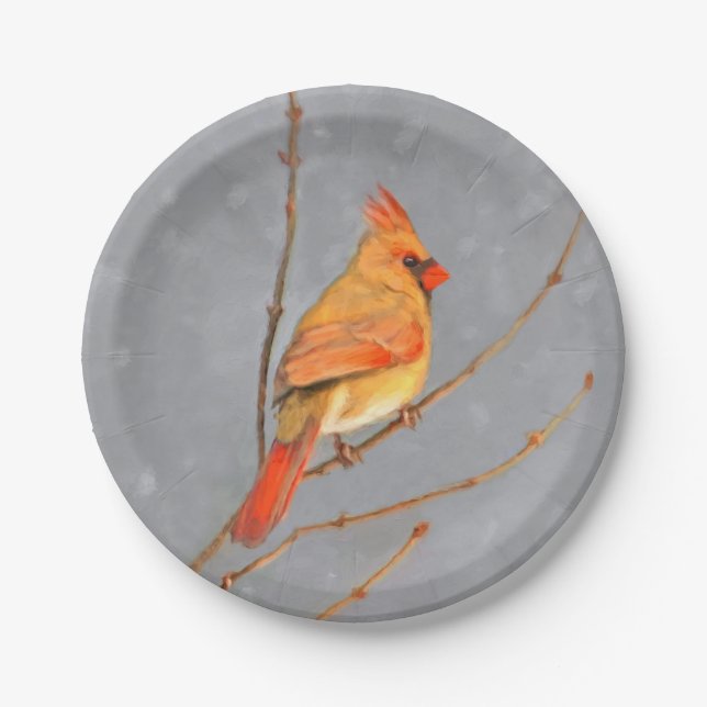 Cardinal on Branch Painting - Original Bird Art Paper Plate (Front)