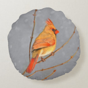 Cardinal on Branch Painting - Original Bird Art Round Cushion