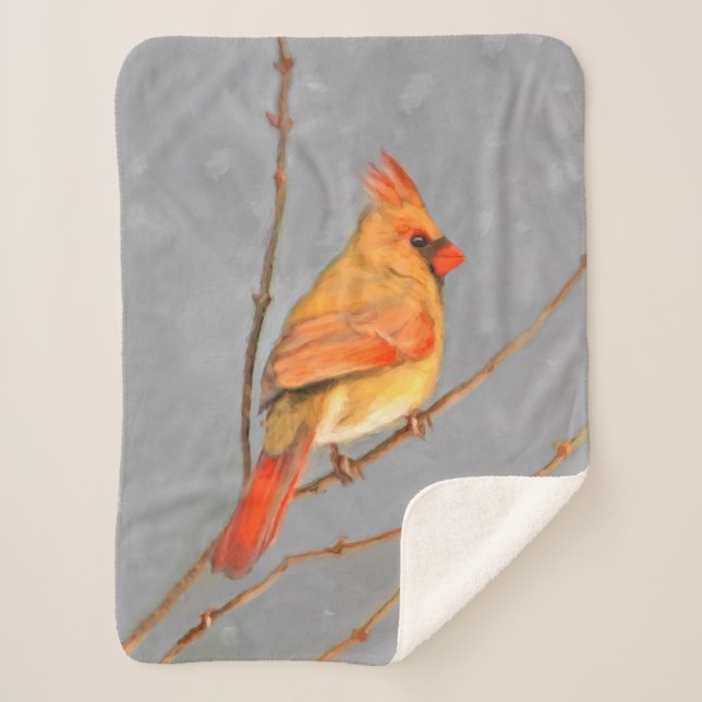Cardinal on Branch Painting - Original Bird Art Sherpa Blanket (Front)