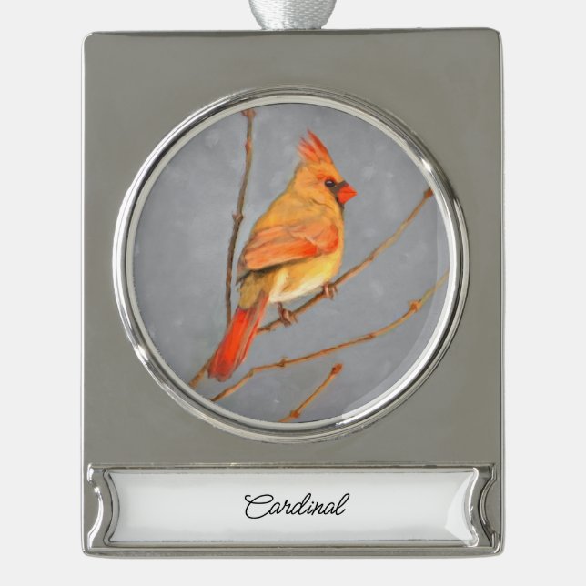Cardinal on Branch Painting - Original Bird Art Silver Plated Banner Ornament (Front)