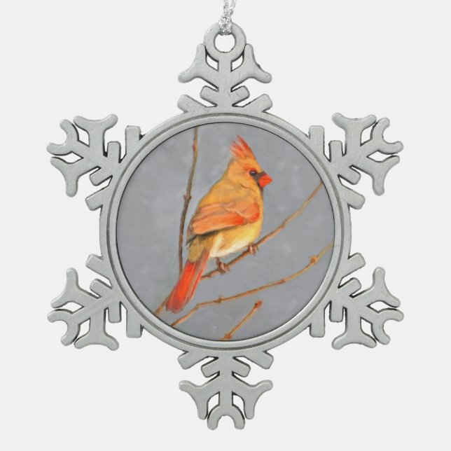 Cardinal on Branch Painting - Original Bird Art Snowflake Pewter Christmas Ornament (Front)