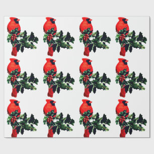 Cardinal on Holly White Wrapping Paper