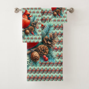 Cardinal on Pine Branch with Winter Berries Bath Towel Set
