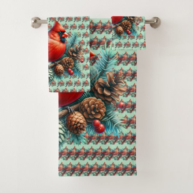 Cardinal on Pine Branch with Winter Berries Bath Towel Set (Insitu)