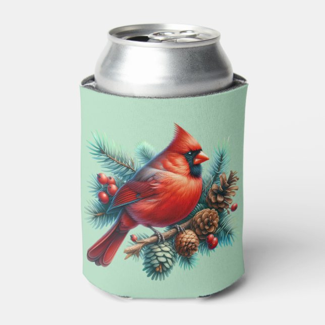 Cardinal on Pine Branch with Winter Berries Can Cooler (Can Front)