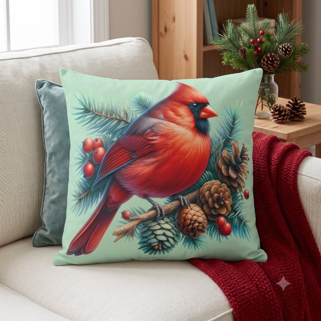 Cardinal on Pine Branch with Winter Berries Cushion (Cardinal on Pine Branch with Winter Berries Throw Pillow)