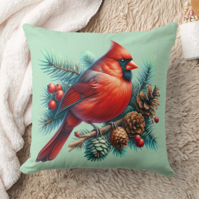 Cardinal on Pine Branch with Winter Berries Cushion (Blanket)