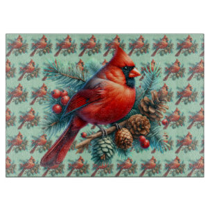 Cardinal on Pine Branch with Winter Berries Cutting Board