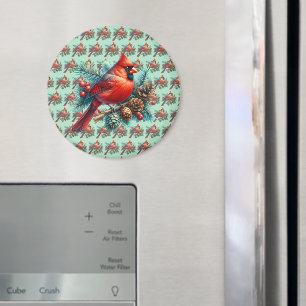 Cardinal on Pine Branch with Winter Berries Magnet