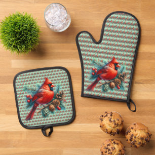 Cardinal on Pine Branch with Winter Berries Oven Mitt & Pot Holder Set