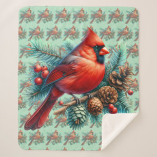 Cardinal on Pine Branch with Winter Berries Sherpa Blanket