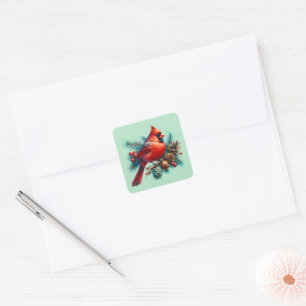 Cardinal on Pine Branch with Winter Berries Square Sticker