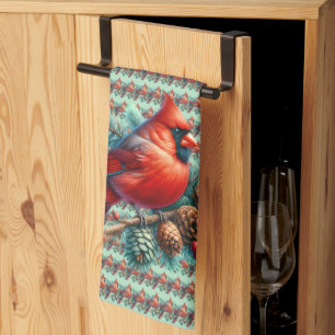 Cardinal on Pine Branch with Winter Berries Tea Towel