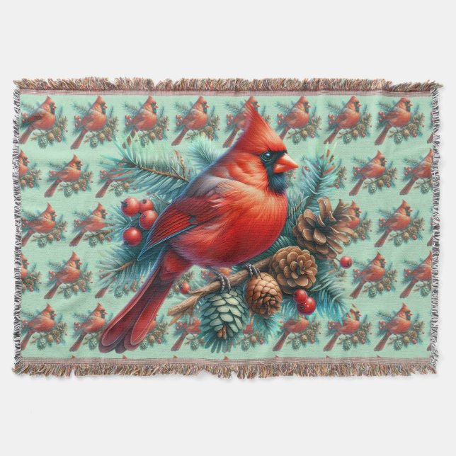 Cardinal on Pine Branch with Winter Berries Throw Blanket (Front)