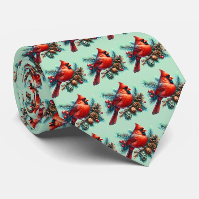 Cardinal on Pine Branch with Winter Berries Tie (Rolled)