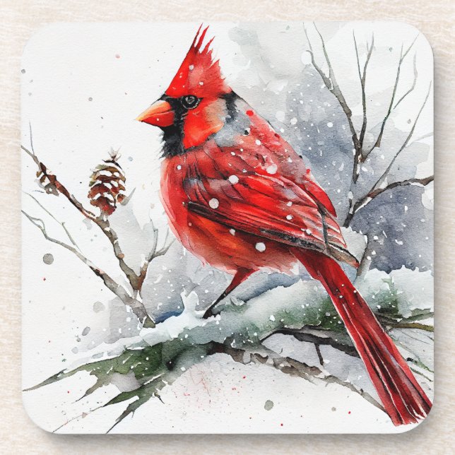 Cardinal on Snowy Tree Branch in Christmas Winter Coaster (Front)