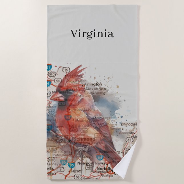 Cardinal on Virginia Road Map Beach Towel (Front)